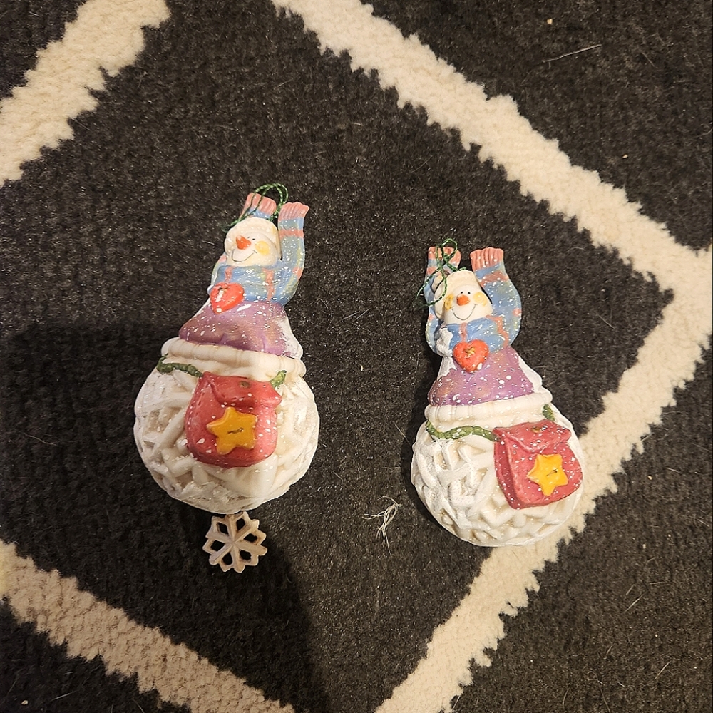 Charming Ceramic Snowman Ornaments with Delicate Bell Detailing